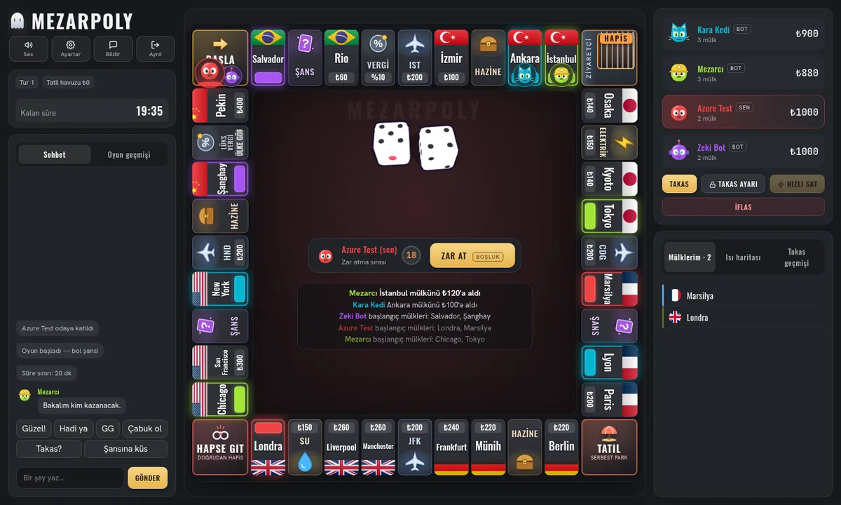 The Mezarpoly game screen, running on Azure